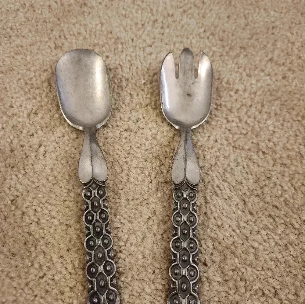 Vtg David Andersen Norway Pewter Old Norse Serving Spoon & Fork Salad Set #FF
